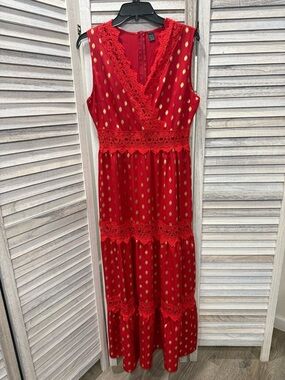 SHEIN Red Maxi Dress with Gold Dot Accents